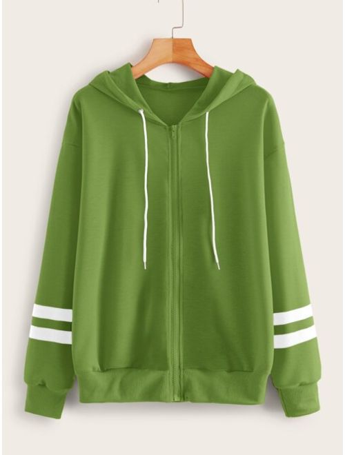 Shein Zip-up Stripe Sleeve Drawstring Hoodie