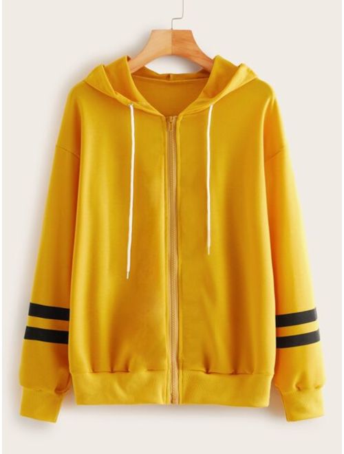 Shein Zip-up Stripe Sleeve Drawstring Hoodie