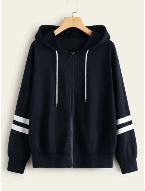 Shein Zip-up Stripe Sleeve Drawstring Hoodie