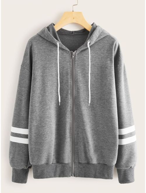 Shein Zip-up Stripe Sleeve Drawstring Hoodie