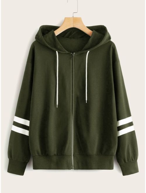 Shein Zip-up Stripe Sleeve Drawstring Hoodie