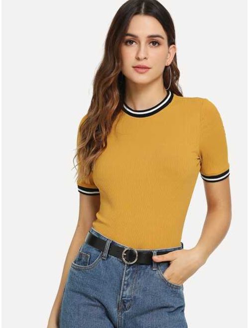 Shein Rib Knit Striped Trim Tee