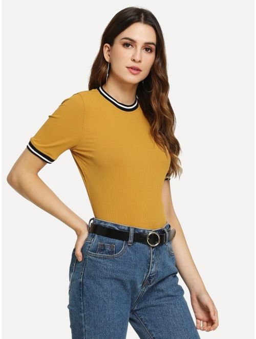 Shein Rib Knit Striped Trim Tee