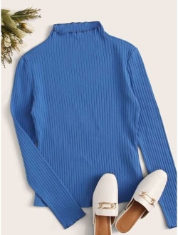 Mock-Neck Lettuce Trim Rib-knit Top