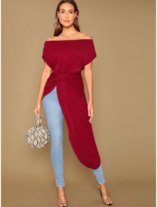 Shein Twist Front Asymmetrical Hem Bardot Top