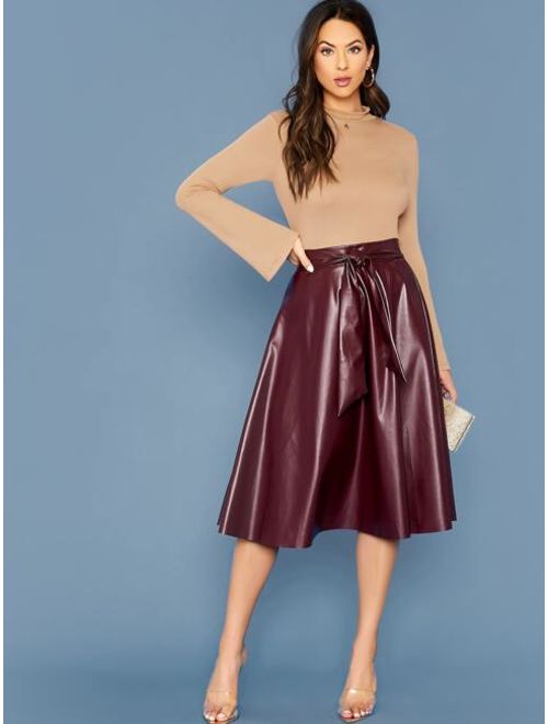 Buy Shein Tie Waist Faux Leather Flare Skirt Online Topofstyle 9237