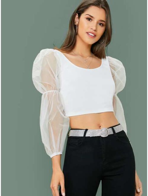 Buy Shein Scoop Neck Mesh Puff Sleeve Crop Top Online Topofstyle