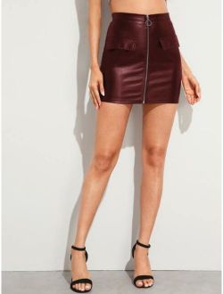 Flap Detail Zipper Fly PU Skirt