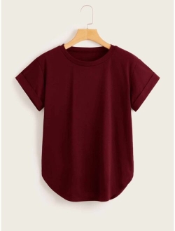 Solid Rolled Cuff Curved Hem Tee