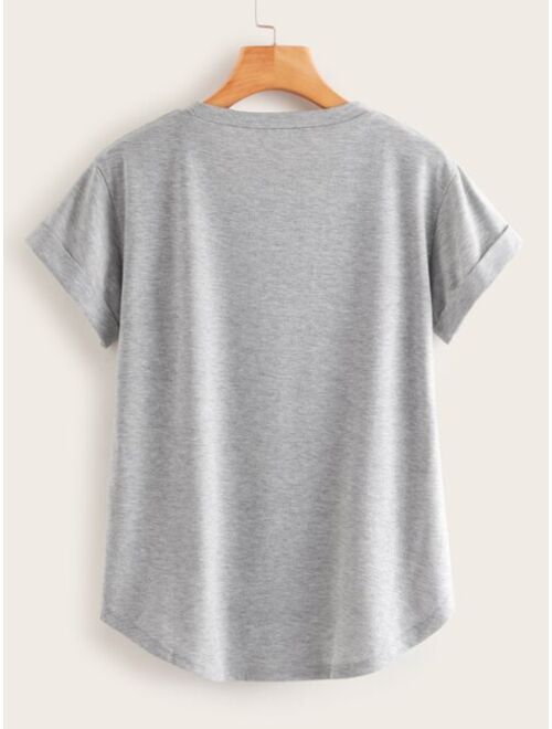 Solid Rolled Cuff Curved Hem Tee