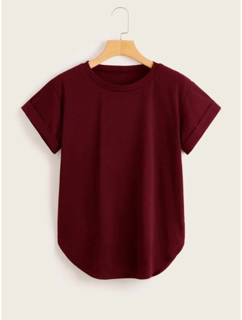 Solid Rolled Cuff Curved Hem Tee