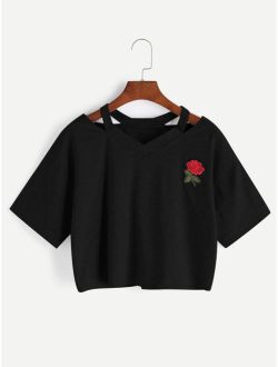 Cut Out V Neckline Rose Patch Slub Tee