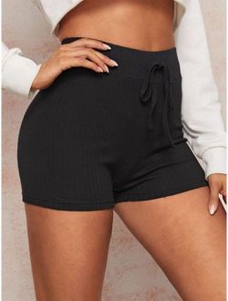 Tied Wide Band Waist Rib-knit Biker Shorts