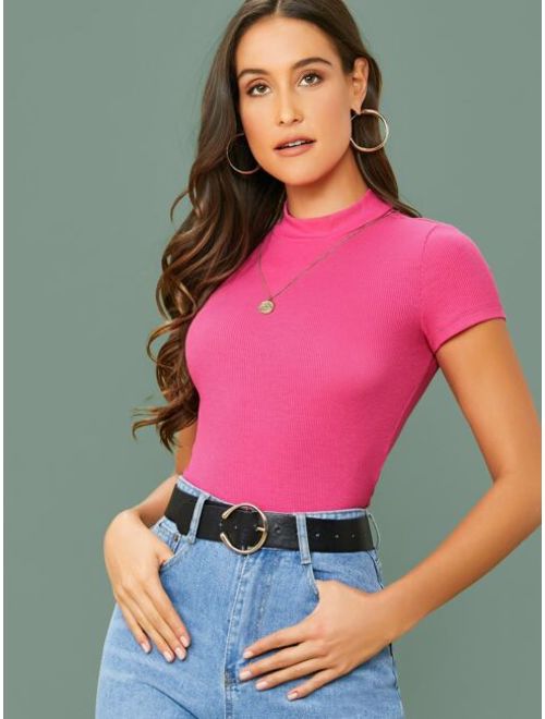 Shein Mock Neck Rib-knit Fitted Tee