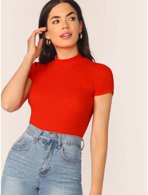 Shein Mock Neck Rib-knit Fitted Tee