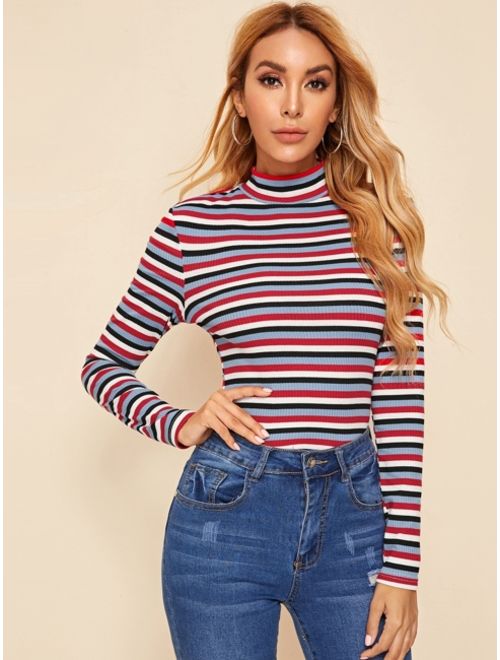 Shein Mock-neck Rib-knit Striped Tee