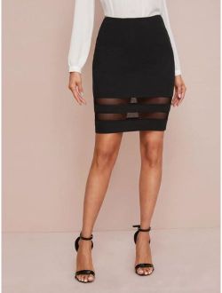 Zipper Detail Sheer Mesh Inset Bodycon Skirt