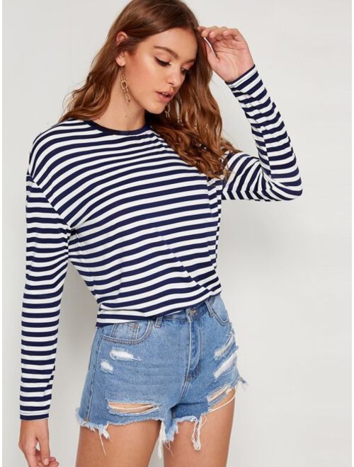 Drop Shoulder Striped Print Tee