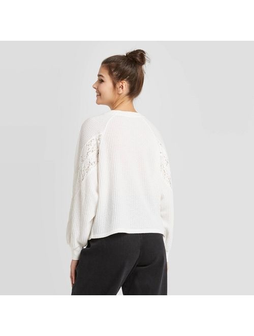 Women's Long Sleeve Crewneck Waffle Knit With Lace Inserts Top - Xhilaration White