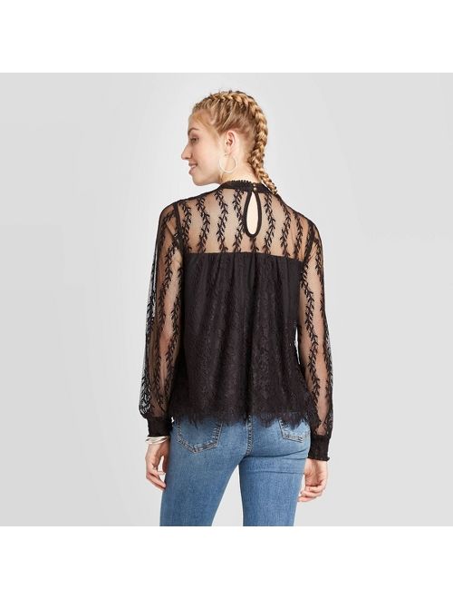 Women's Long Sleeve High Neck Lace Blouse - Xhilaration Black