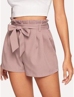 Solid Belted Paperbag Shorts