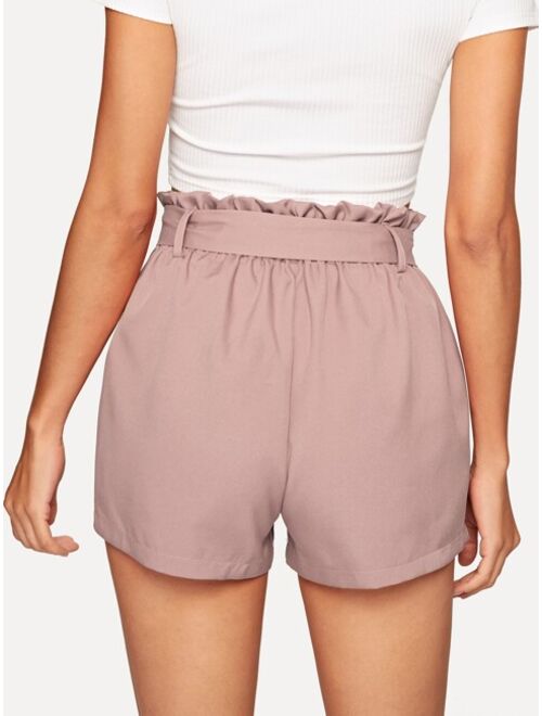 Solid Belted Paperbag Shorts