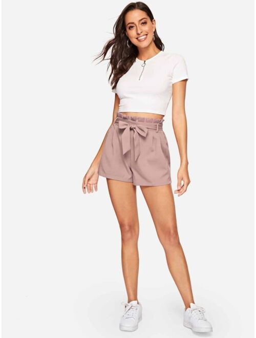 Solid Belted Paperbag Shorts