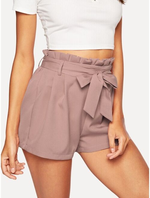 Solid Belted Paperbag Shorts