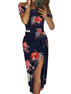 Dearlove Women's Casual Off The Shoulder Floral Print High Slit Evening Party Dress