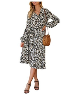 KIRUNDO 2019 Women's Midi Leopard Dress Stylish Long Sleeves High Waist Dress Button Front Drawstring Wait Belt A-Lined Dress