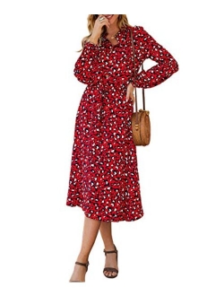 KIRUNDO 2019 Women's Midi Leopard Dress Stylish Long Sleeves High Waist Dress Button Front Drawstring Wait Belt A-Lined Dress