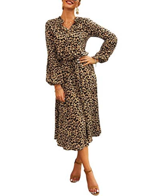 KIRUNDO 2019 Women's Midi Leopard Dress Stylish Long Sleeves High Waist Dress Button Front Drawstring Wait Belt A-Lined Dress