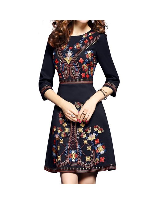 Women's Premium Embroidered Floral 2/3 Sleeves Cocktail Formal Mini Dress