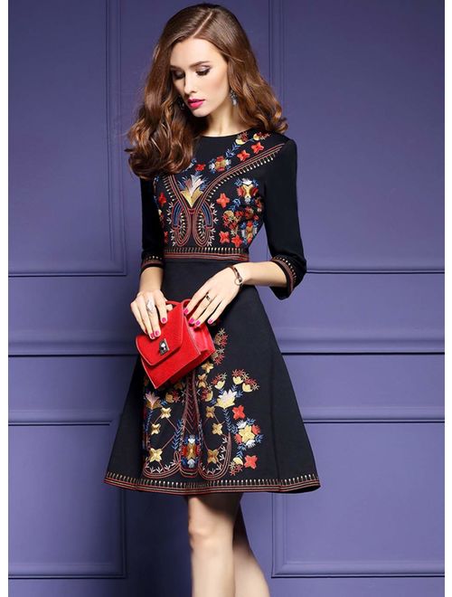 Women's Premium Embroidered Floral 2/3 Sleeves Cocktail Formal Mini Dress