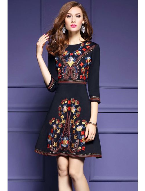 Women's Premium Embroidered Floral 2/3 Sleeves Cocktail Formal Mini Dress