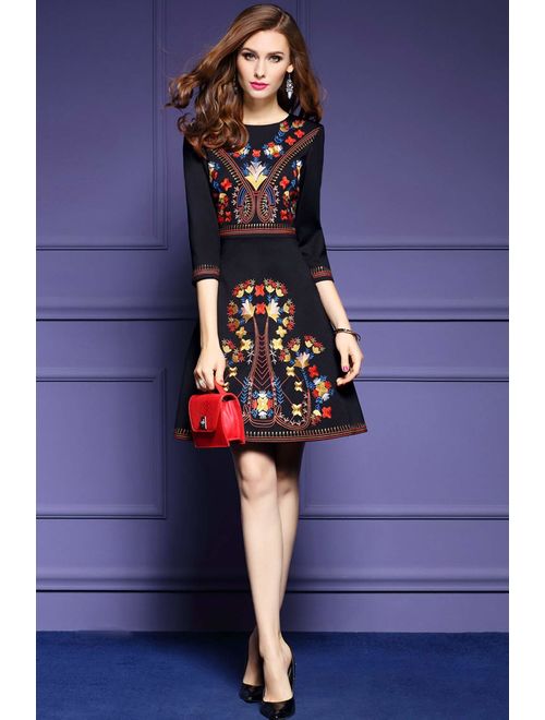 Women's Premium Embroidered Floral 2/3 Sleeves Cocktail Formal Mini Dress