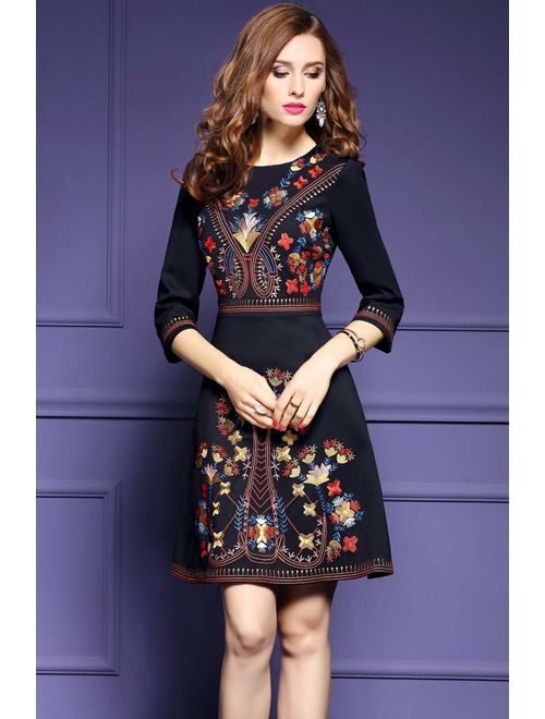 Women's Premium Embroidered Floral 2/3 Sleeves Cocktail Formal Mini Dress