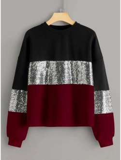Contrast Sequin Cut-and-sew Pullover