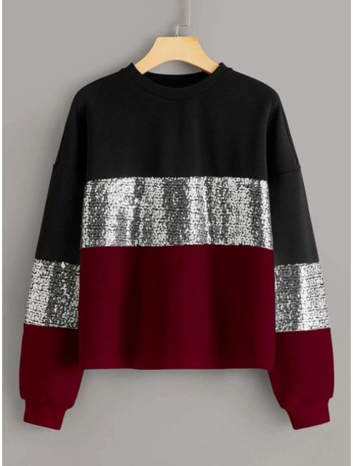 Shein Contrast Sequin Cut-and-sew Pullover