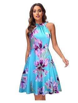 OUGES Women's Halter Neck Floral Summer Casual Sundress