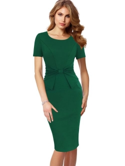 VFSHOW Womens Pleated Bow Wear to Work Business Office Church Sheath Dress