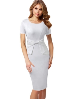 VFSHOW Womens Pleated Bow Wear to Work Business Office Church Sheath Dress