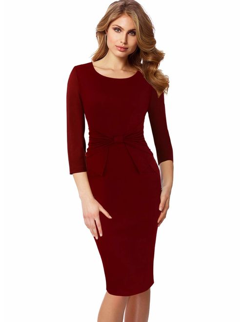 VFSHOW Womens Pleated Bow Wear to Work Business Office Church Sheath Dress