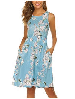 OURS Womens Summer Sleeveless Floral Print Racerback Midi Dresses with Pocket