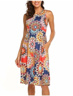 OURS Womens Summer Sleeveless Floral Print Racerback Midi Dresses with Pocket