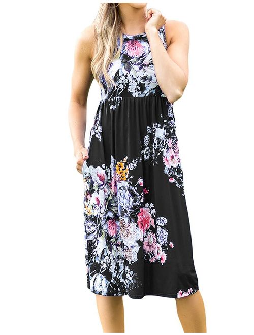 OURS Womens Summer Sleeveless Floral Print Racerback Midi Dresses with Pocket