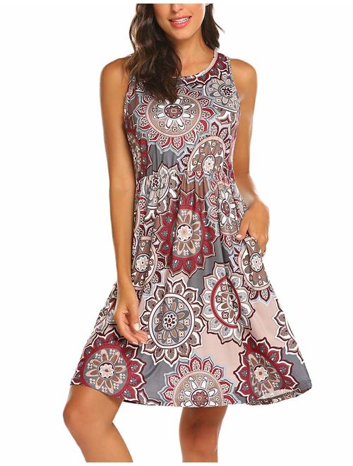 OURS Womens Summer Sleeveless Floral Print Racerback Midi Dresses with Pocket