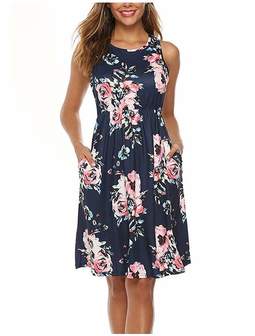 OURS Womens Summer Sleeveless Floral Print Racerback Midi Dresses with Pocket