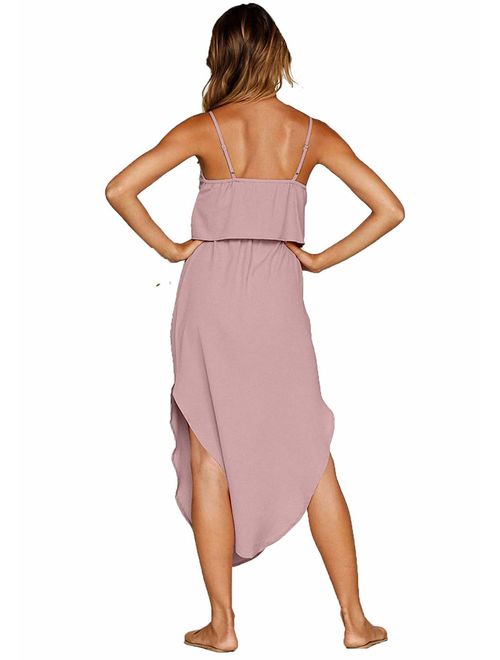 OURS Women's Casual Adjustable Spaghetti Straps Sleeveless Sundress Split Beach Midi Dress