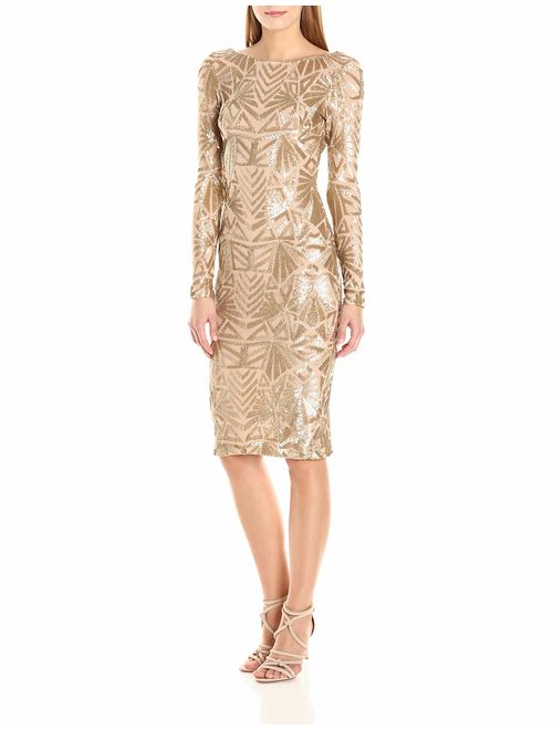 Dress the Population Women's Emery Long Sleeve Stretch Sequin Midi Sheath